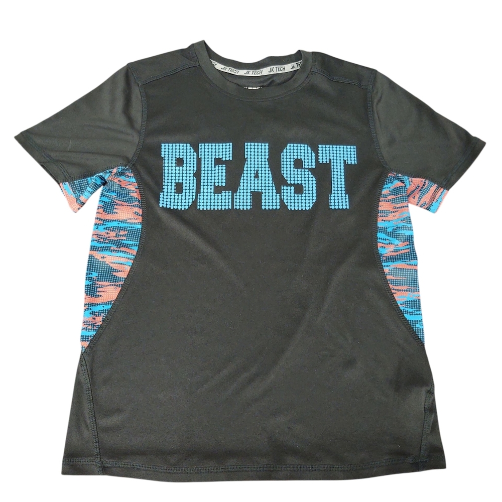 EUC JK Tech Black Graphic Dri-Fit T-Shirt with Blue 'BEAST' Print Boys L